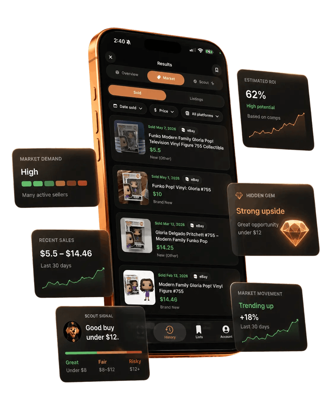 Scouted iOS app market results and resale insight cards
